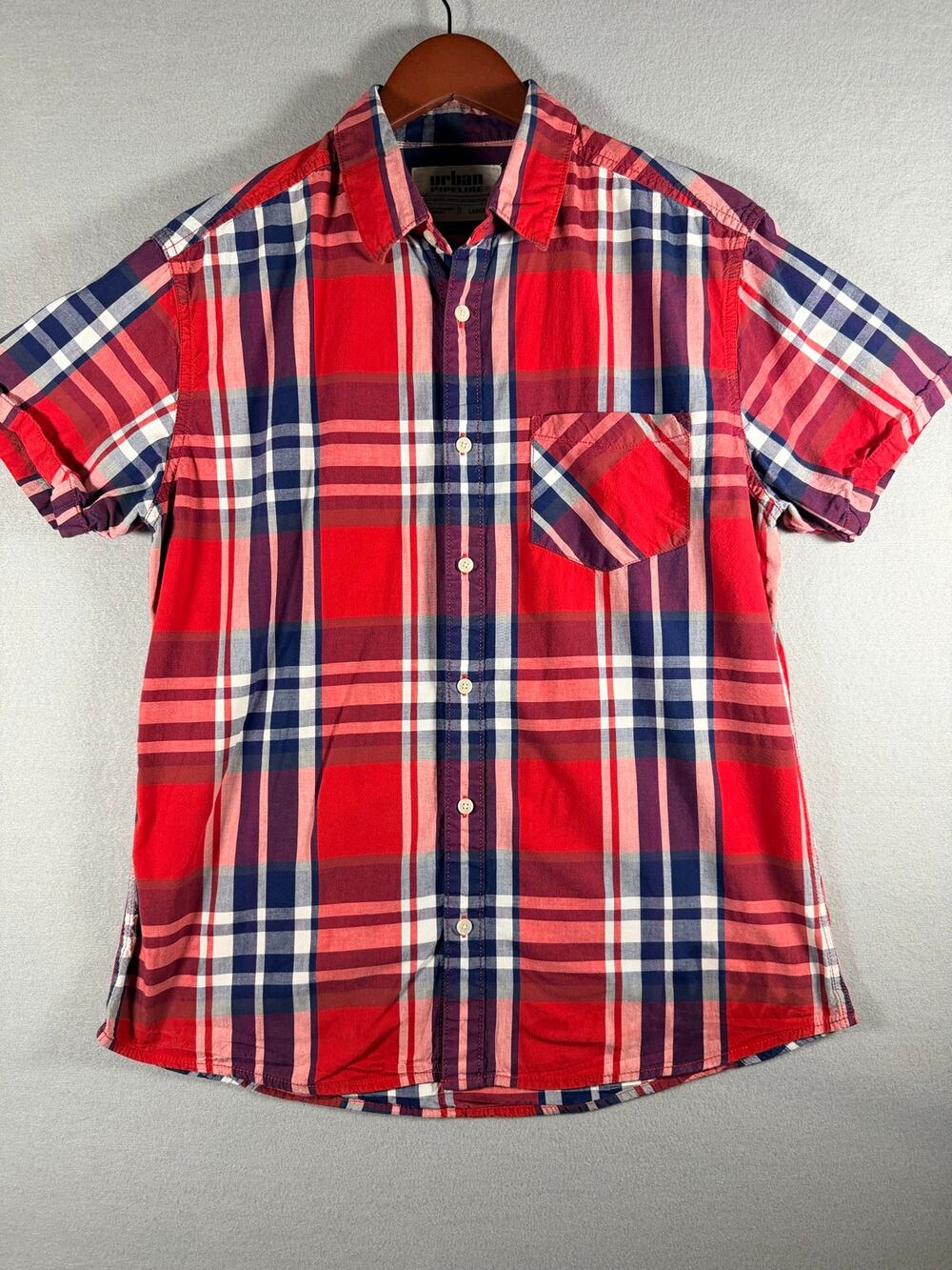 Urban Pipeline Mens Large Plaid Button Up Shirt Short Sleeve Red Navy Cotton
